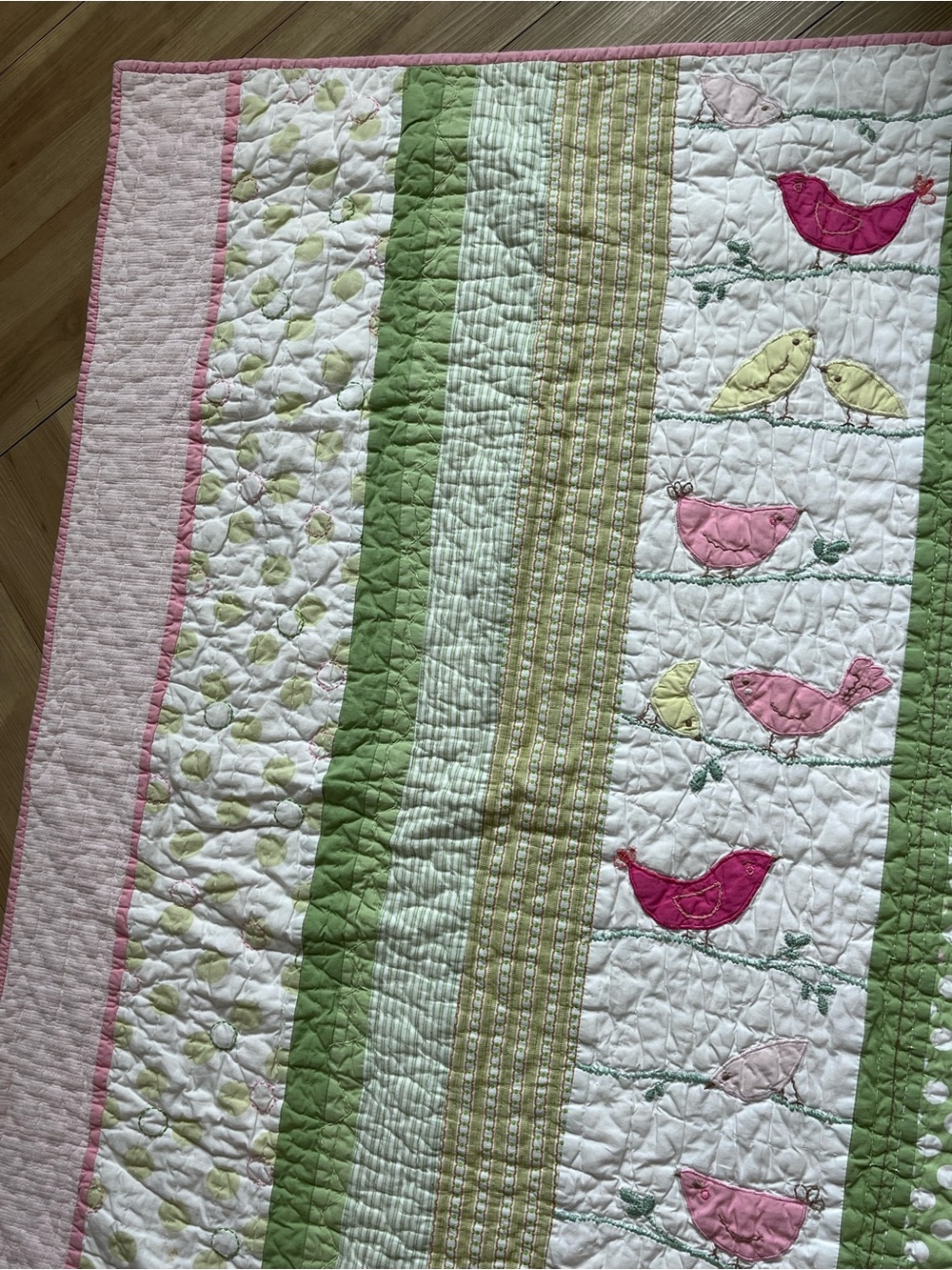 Pottery Barn Kids Tweet Bird Baby Quilt Pink Green 33" x 48" - Picture 4 of 12